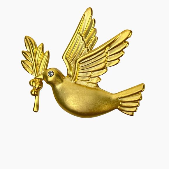 Brooch Peace Dove Carrying Olive Branch Matte Gold Tone Rhinestone 1.5 Inch Pin - Picture 5 of 7